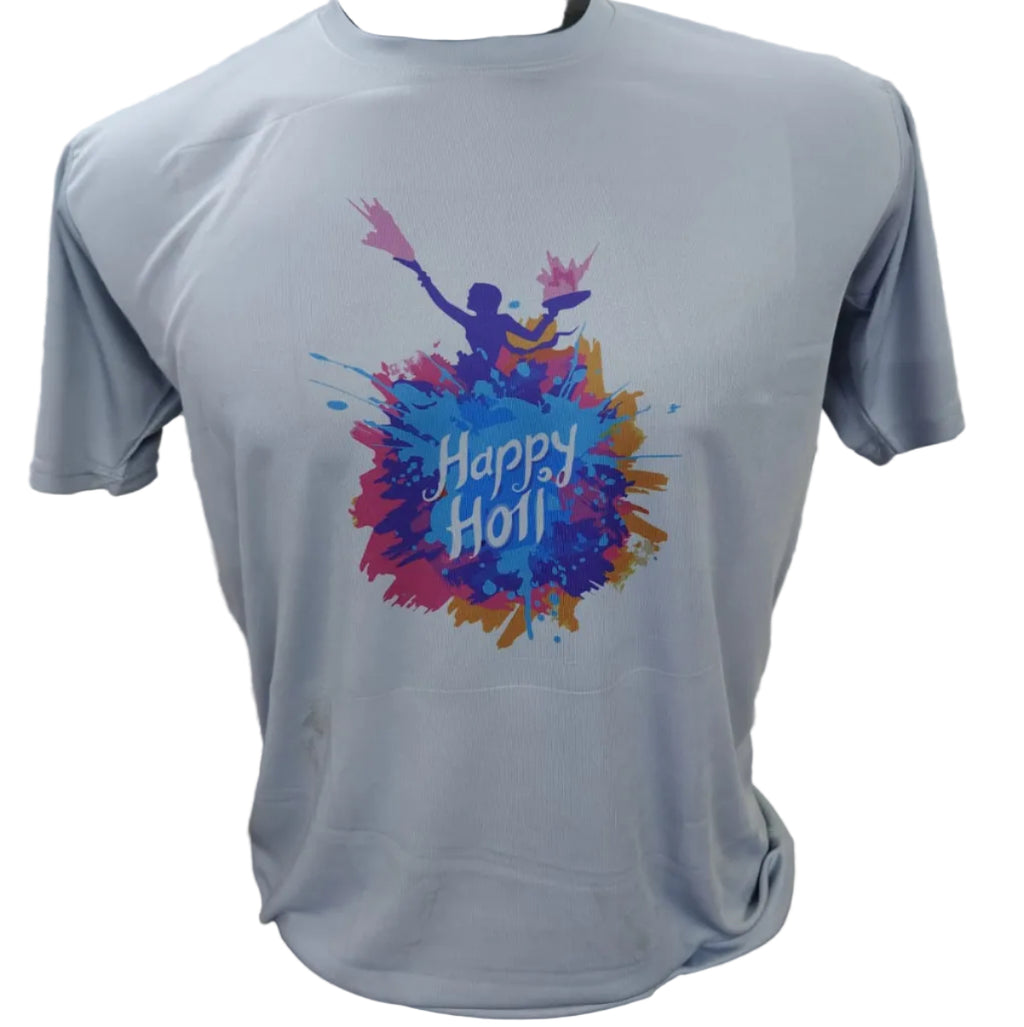 Gray t-shirt with colorful 'Happy Holl' design on a mannequin against a textured wall.