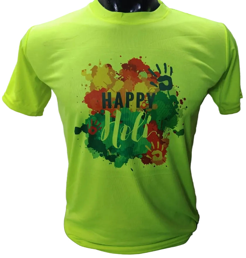 Bright green t-shirt with colorful design and text on a mannequin against a textured wall.
