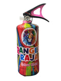 Colorful fire extinguisher with a lion design labeled 'Pangil Raja'.