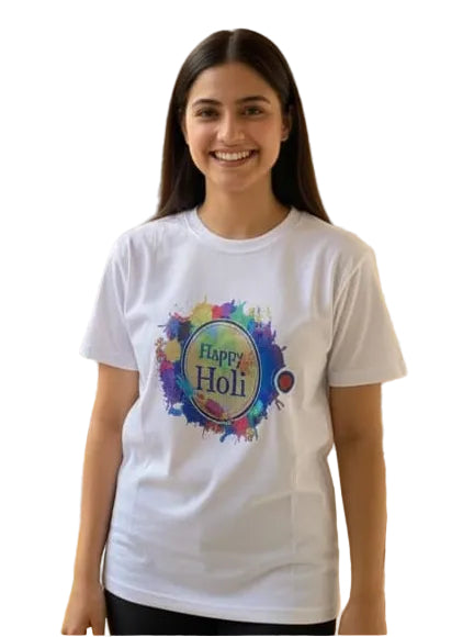 Four people wearing 'Happy Holi' t-shirts in pink, yellow, and white.
