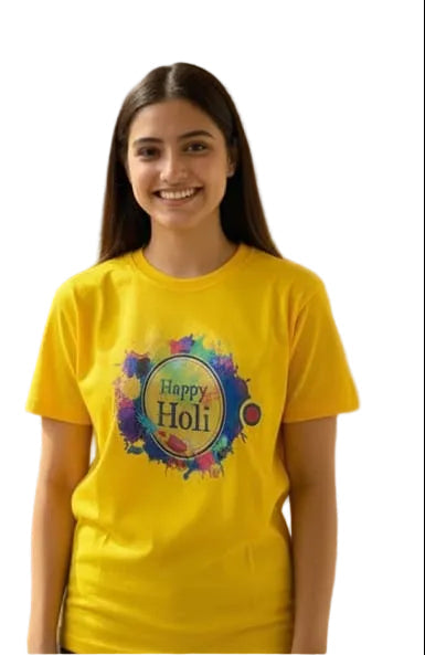 Four people wearing 'Happy Holi' t-shirts in pink, yellow, and white.