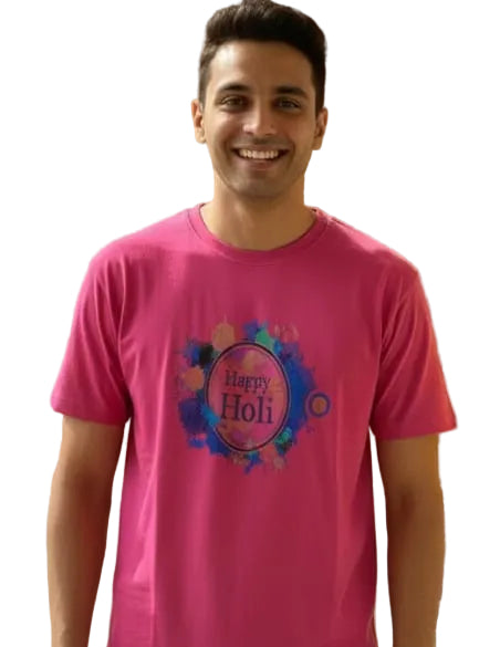 Four people wearing 'Happy Holi' t-shirts in pink, yellow, and white.